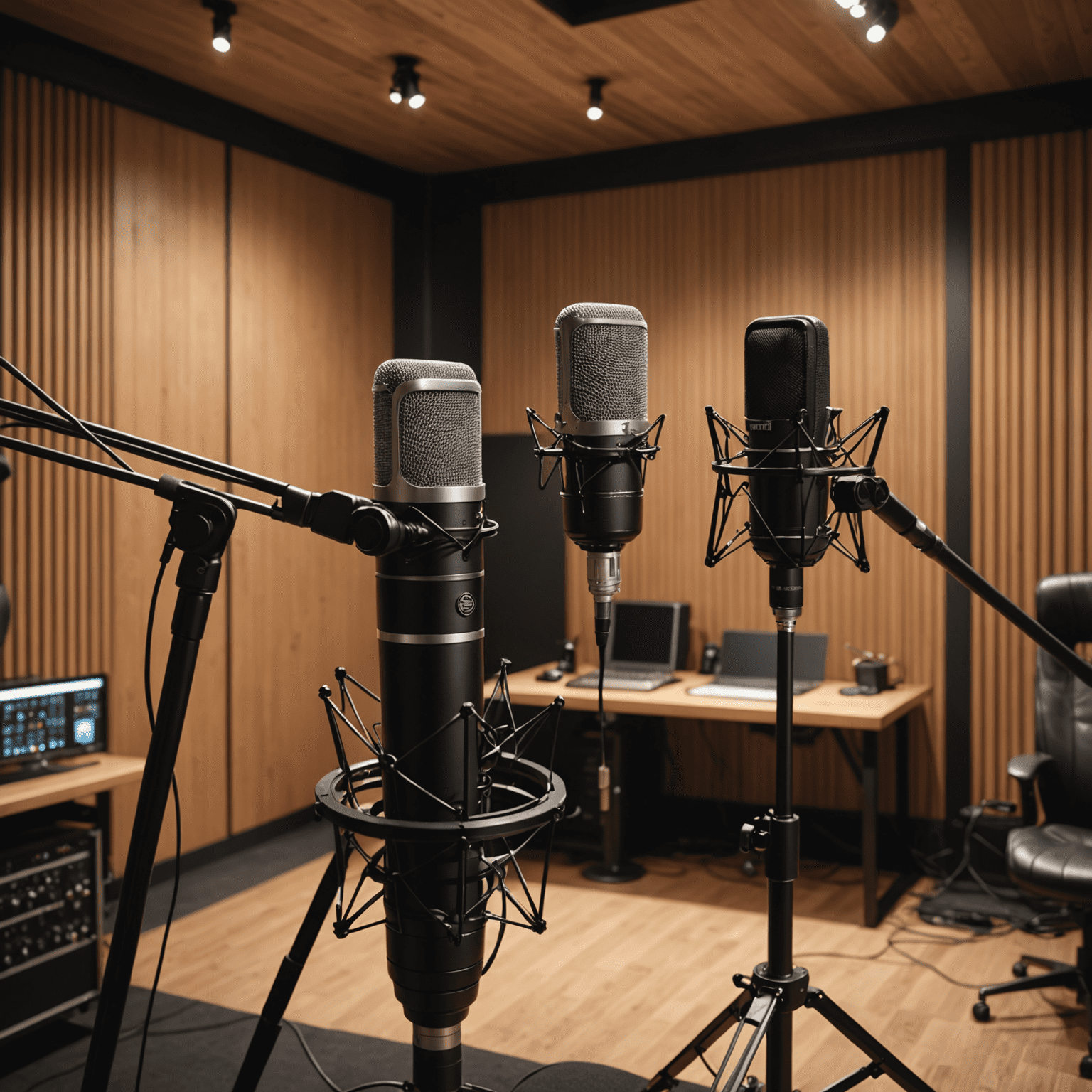 Um estúdio de podcast profissional com microfones de alta qualidade, painéis acústicos e um produtor ajustando equipamentos