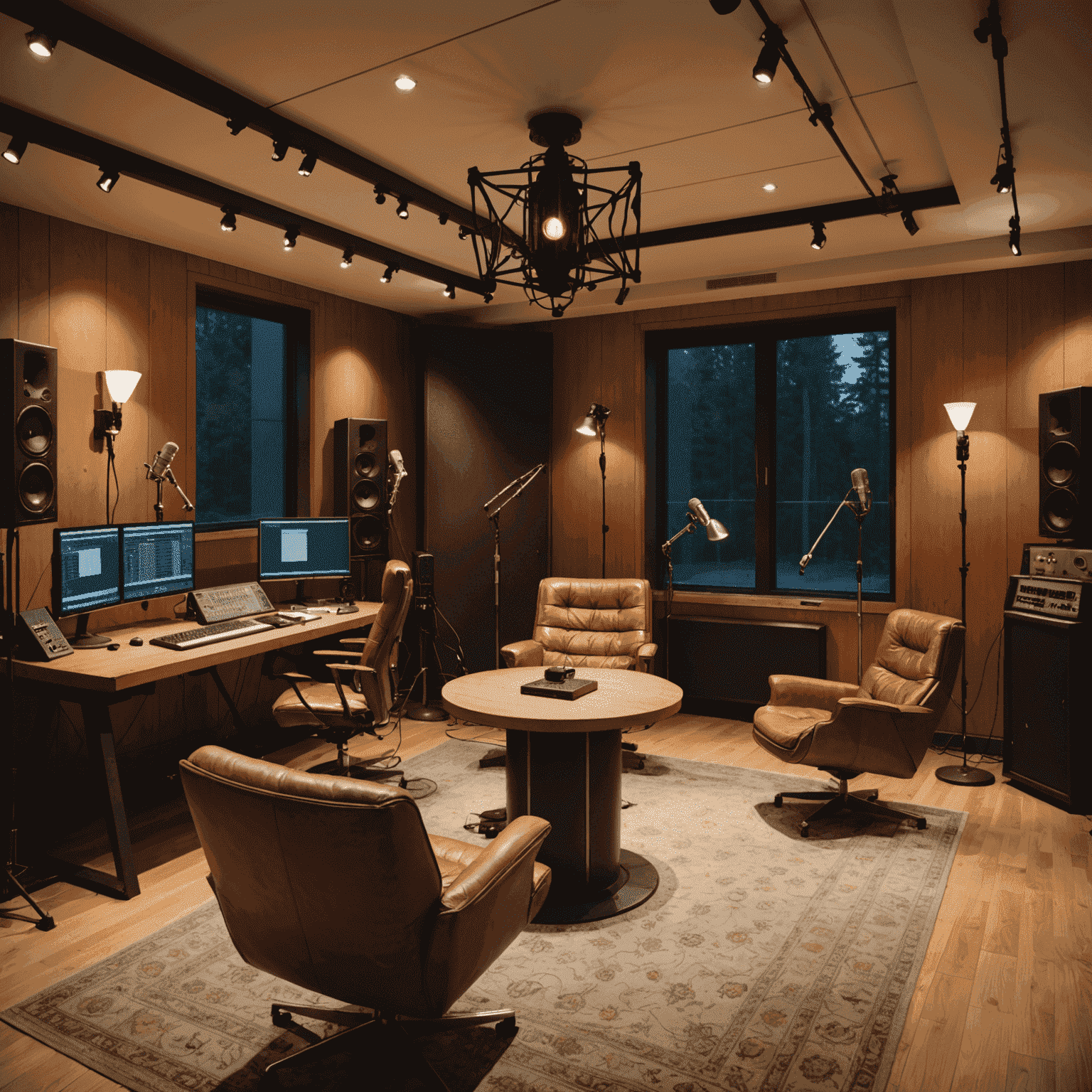 Interior da sala de gravação principal, com microfones Neumann suspensos, headphones de alta qualidade e cadeiras confortáveis para os apresentadores e convidados